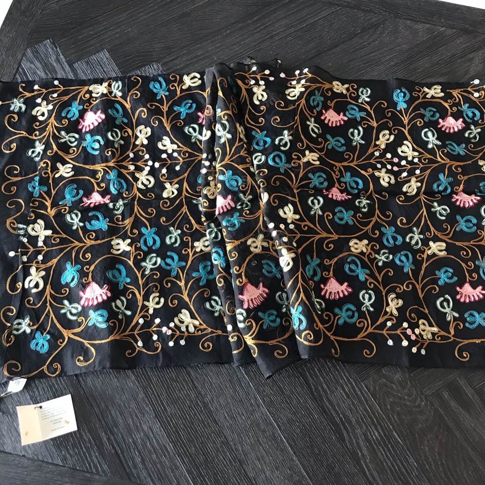 Black 100% silk embroidered scarf